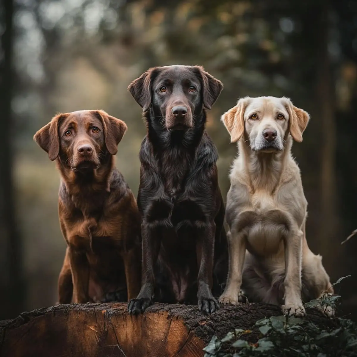 Drei Hunde auf Baumstamm im Wald sitzend.
