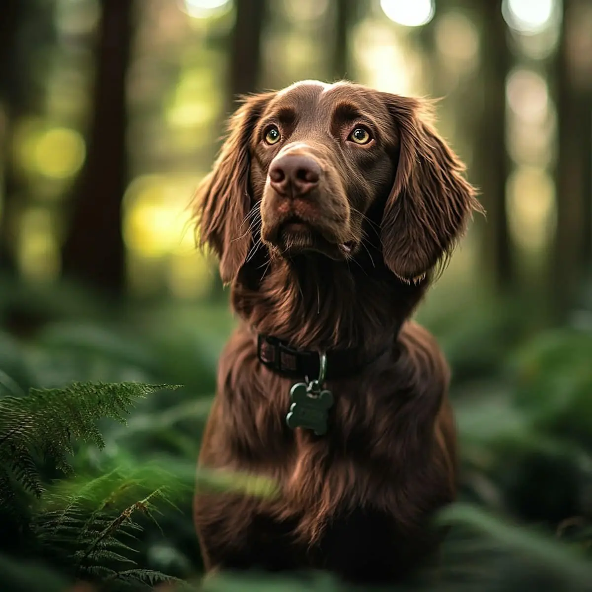 Irish Setter im Wald, aufmerksam blickend