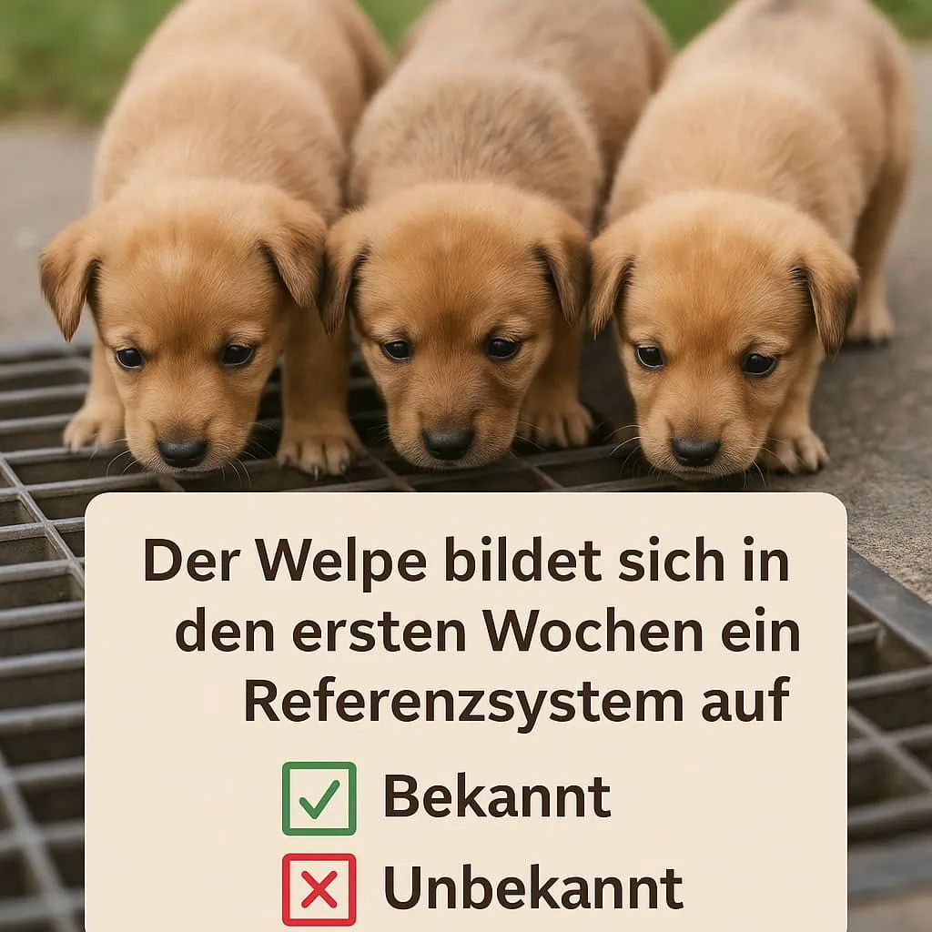 Drei Welpen neben einem Schild mit Text.