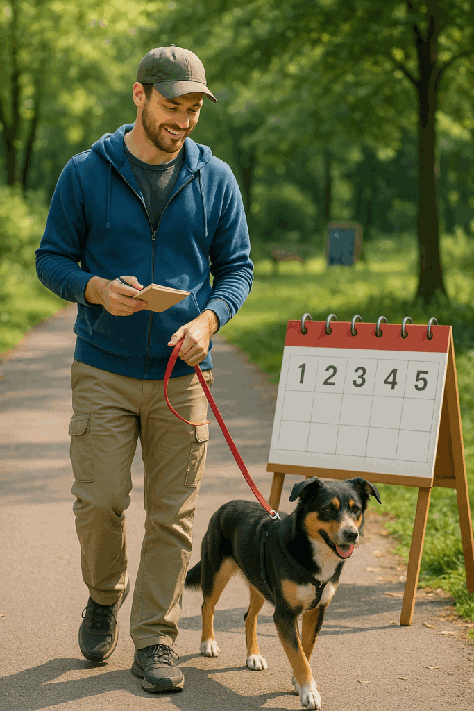 Mann mit Hund spaziert im Park neben Tafel