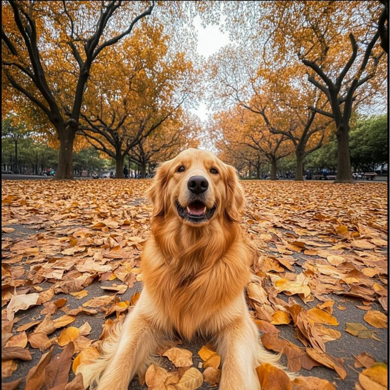 Glücklicher Hund im Herbstlaub