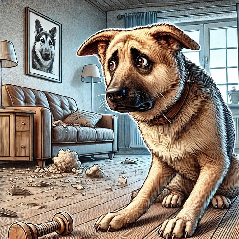 Hund nach Spielzeug-Unfug im Wohnzimmer