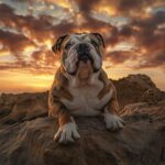 Bulldogge bei Sonnenuntergang auf Felsen