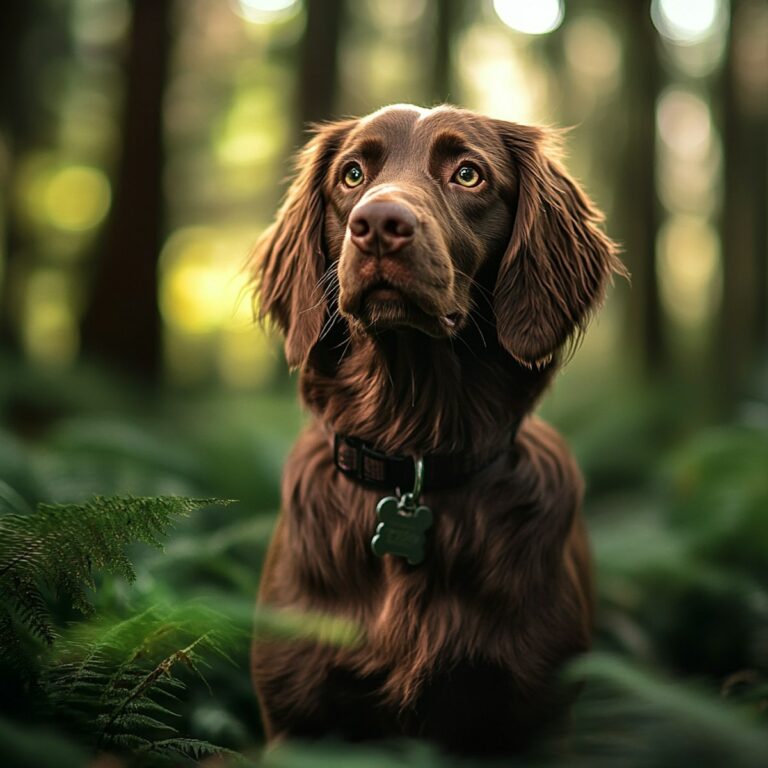 Irish Setter im Wald, aufmerksam blickend