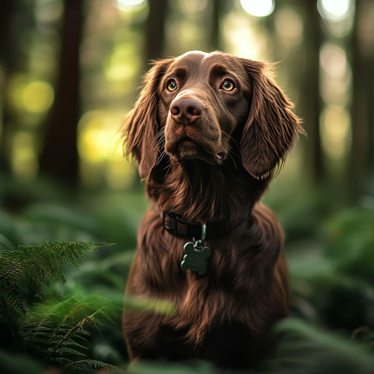 Irish Setter im Wald, aufmerksam blickend