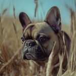 Französische Bulldogge im Weizenfeld an einem sonnigen Tag