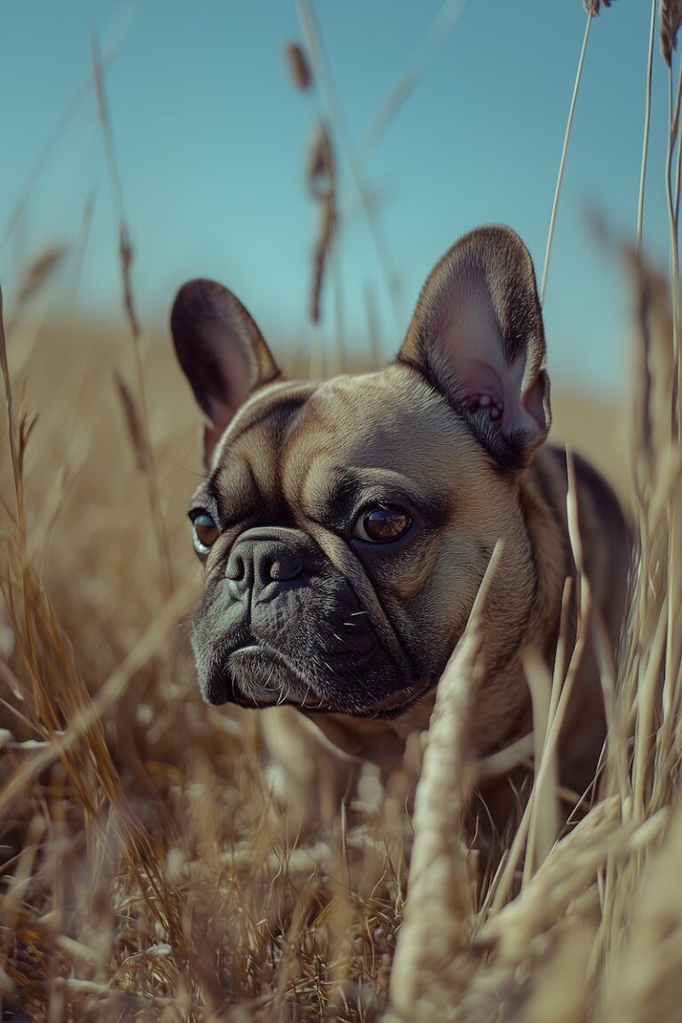Französische Bulldogge im Weizenfeld an einem sonnigen Tag