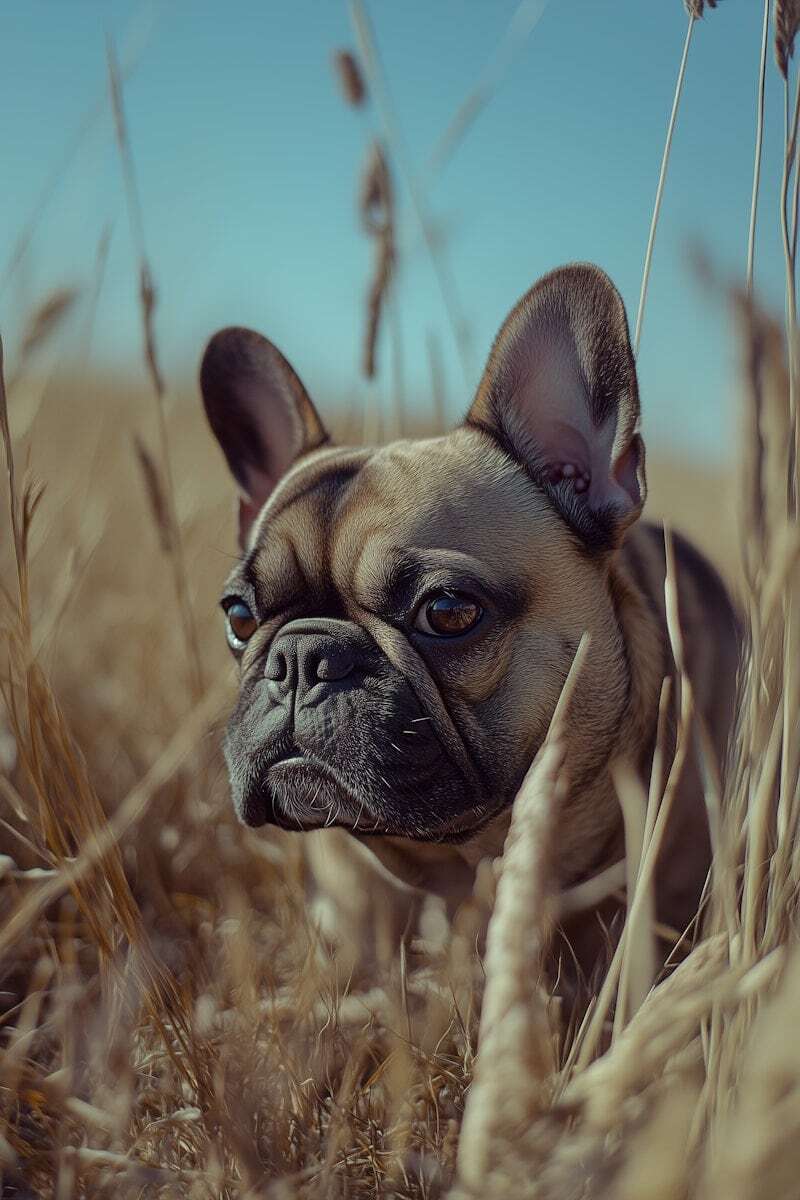 Französische Bulldogge im Weizenfeld an einem sonnigen Tag