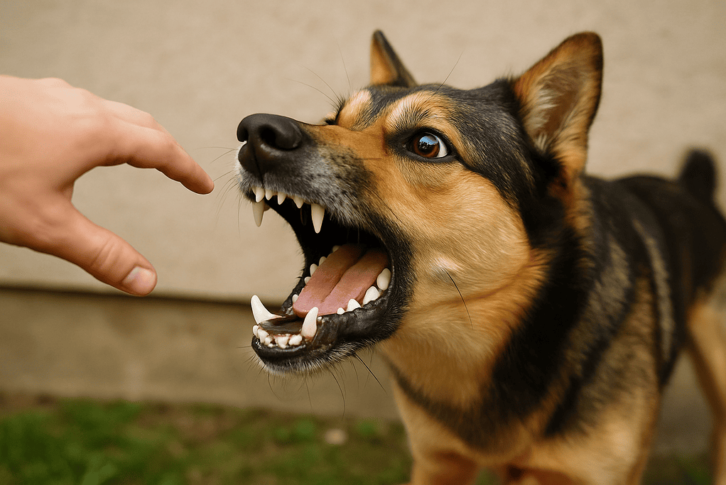 Hund mit gefletschten Zähnen begegnet Hand