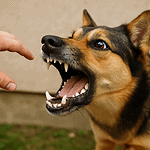 Hund mit gefletschten Zähnen begegnet Hand