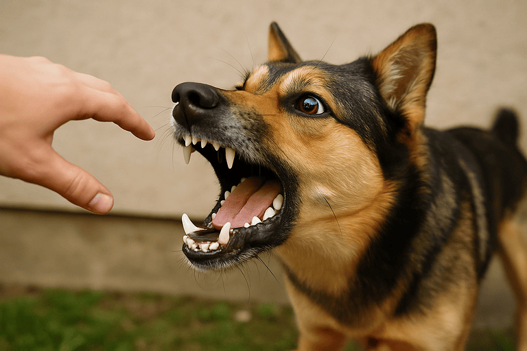 Hund mit gefletschten Zähnen begegnet Hand