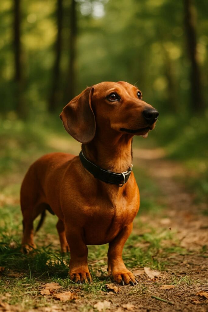 Dackel im Wald spazierend