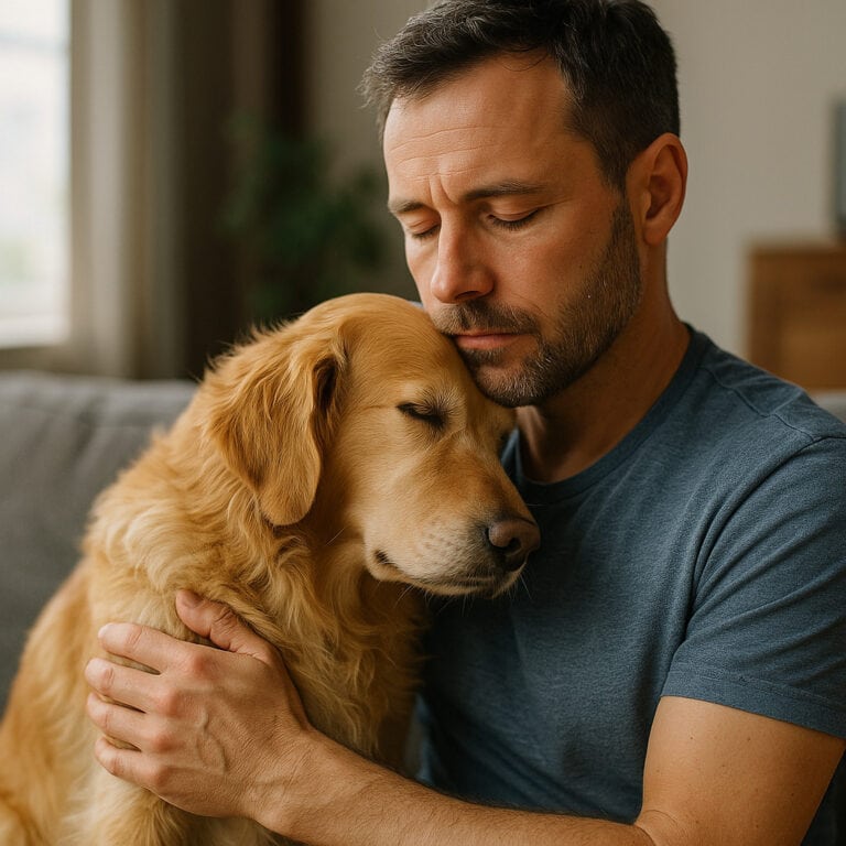 Mann kuschelt mit goldenem Retriever auf Sofa