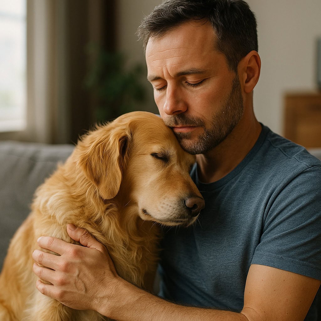 Mann kuschelt mit goldenem Retriever auf Sofa