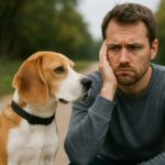 Nachdenklicher Mann mit Hund im Freien.