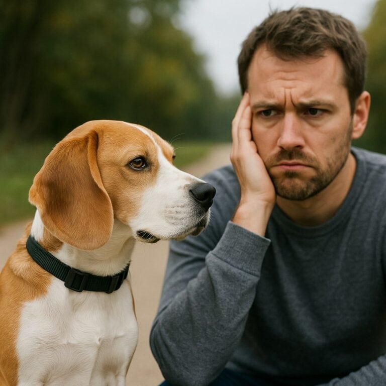 Nachdenklicher Mann mit Hund im Freien.