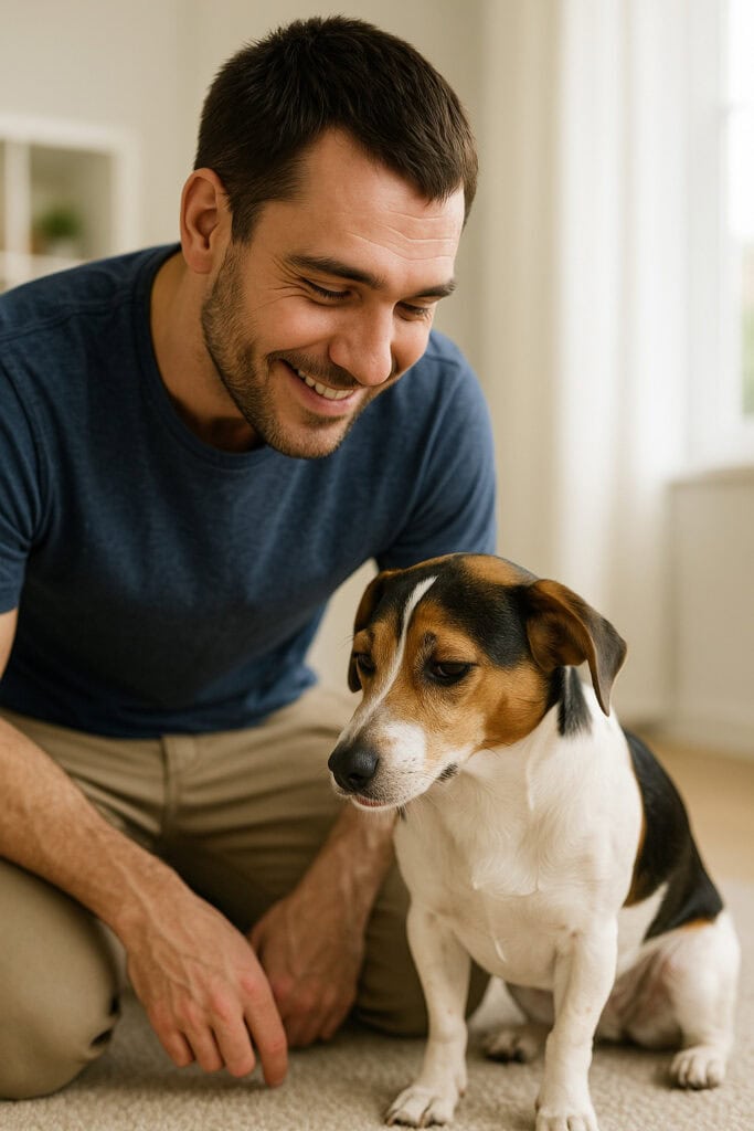 Lächelnder Mann Drohsignale für den Hund