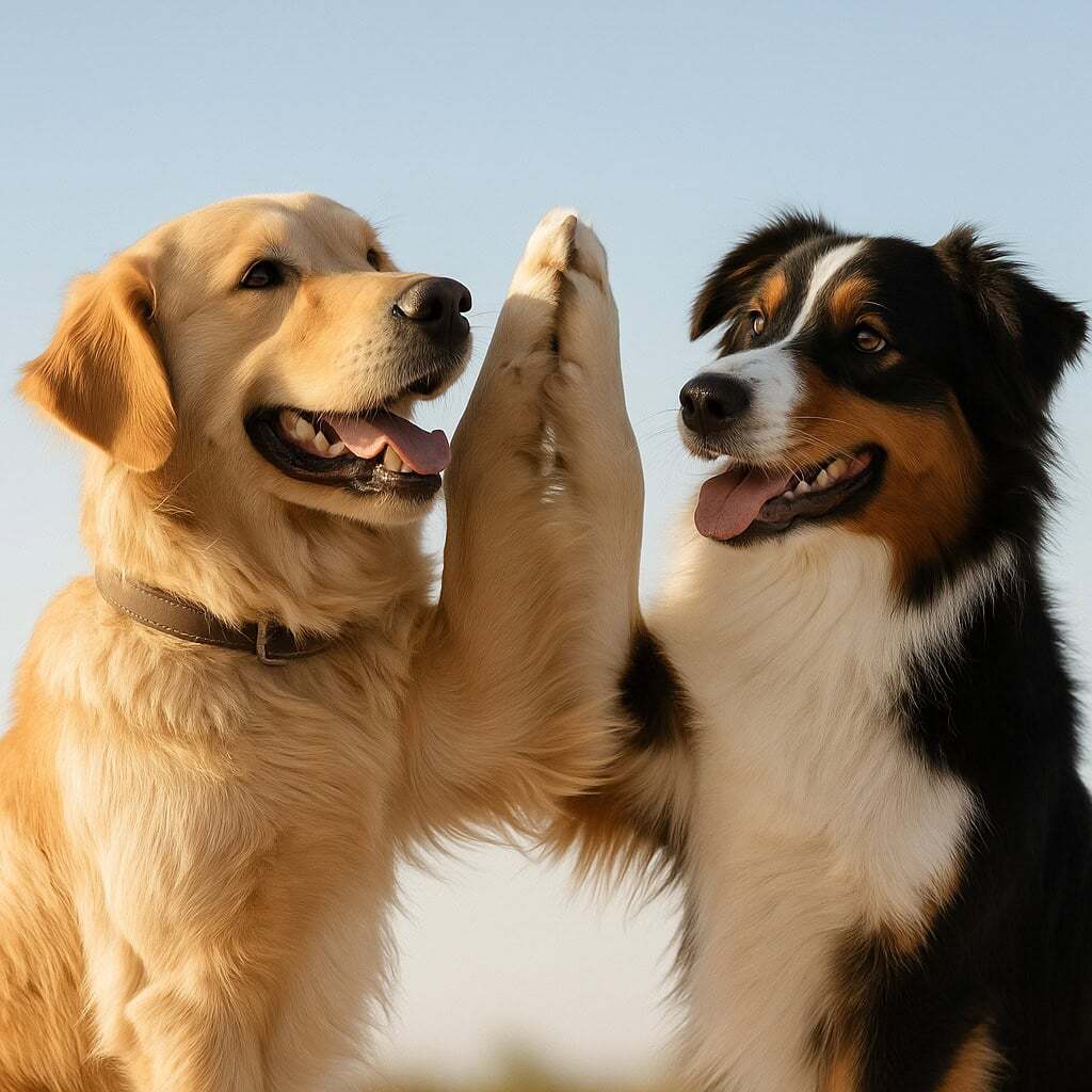 Zwei Hunde geben sich aufrecht die Pfoten.