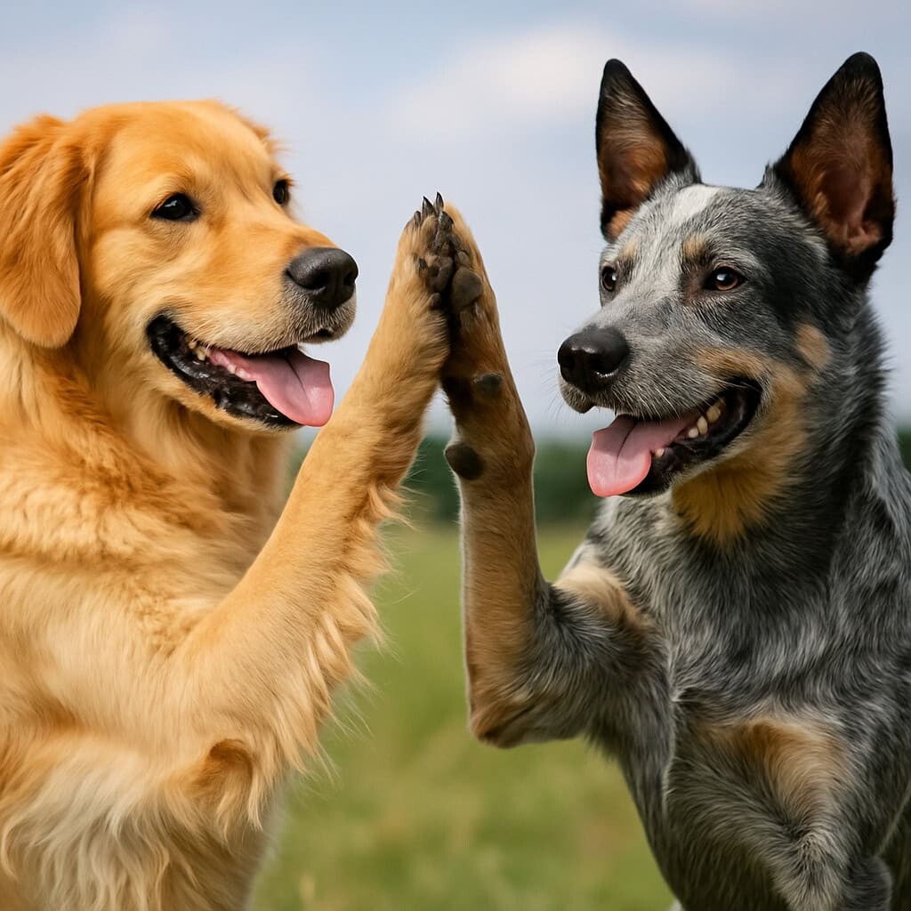 Zwei fröhliche Hunde geben Pfoten-High-Five auf Wiese.