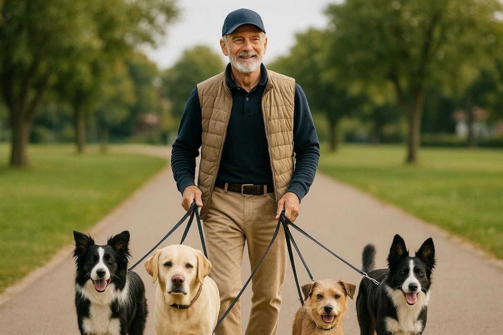 Gassi-Service spaziert mit vier Hunden im Park.