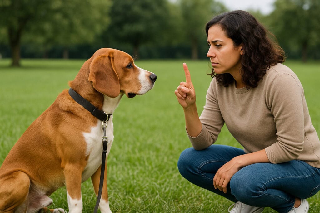 Frau erzieht Hund im Park