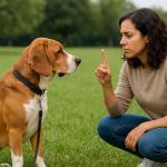Frau erzieht Hund im Park