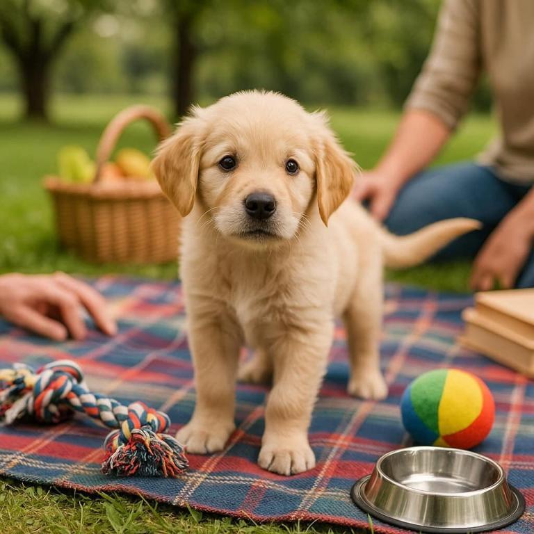 Welpe auf Picknickdecke mit Spielzeug im Park