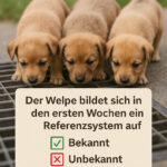 Drei Welpen neben einem Schild mit Text.
