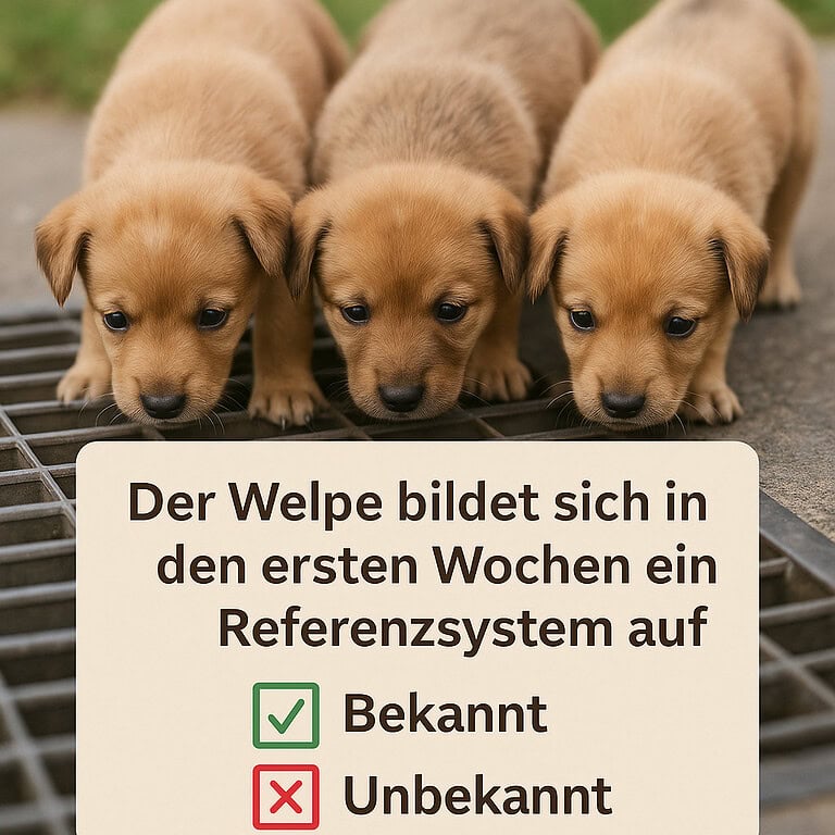 Drei Welpen neben einem Schild mit Text.