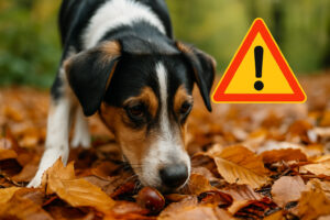 Hund schnüffelt Laub mit Warnzeichen