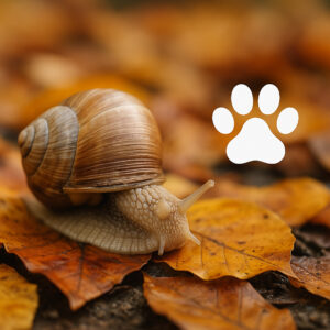 Schnecke auf bunten Herbstblättern mit Pfotenabdruck