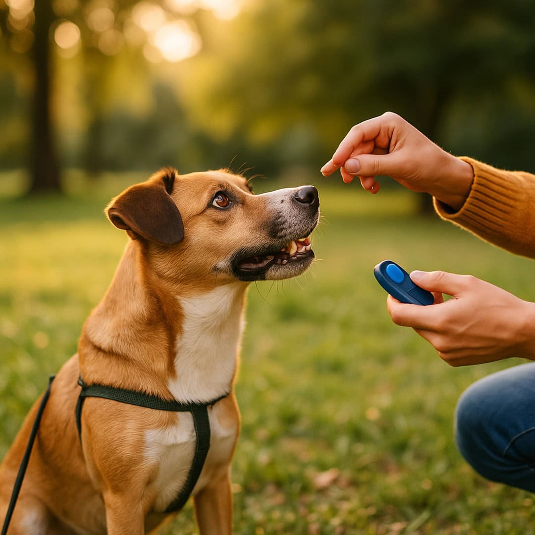 Hundetraining mit Leckerli und Klicker im Park